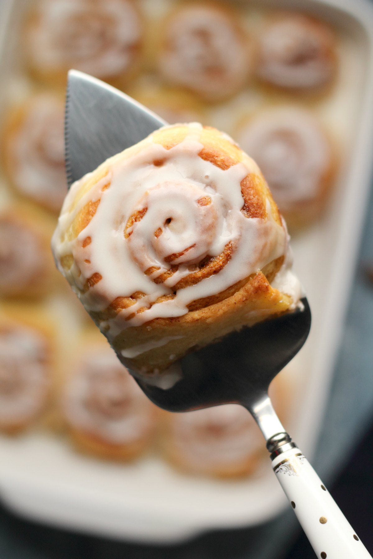 Vegan cinnamon roll on a silver cake lifter. 