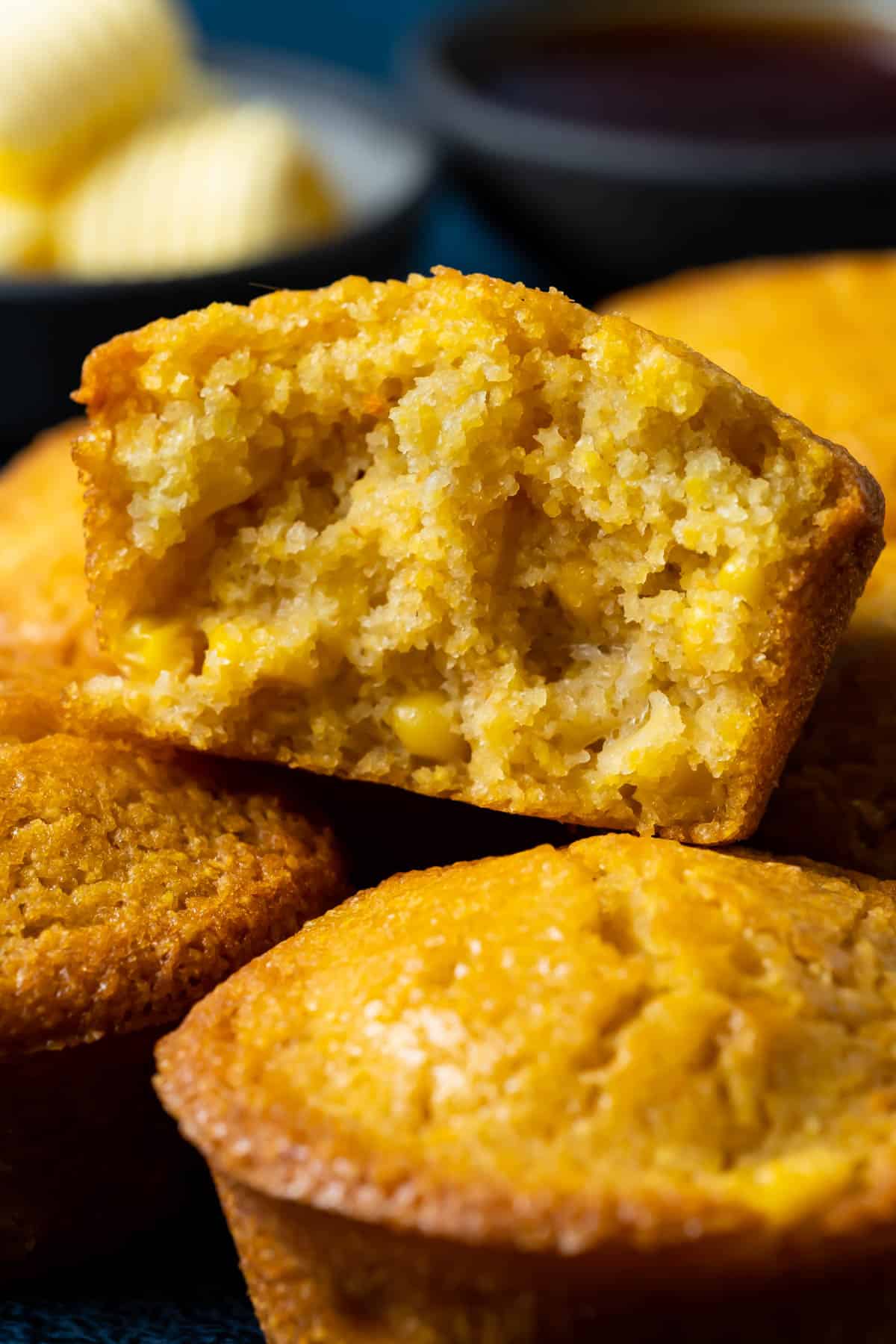 Vegan cornbread muffin broken in half.