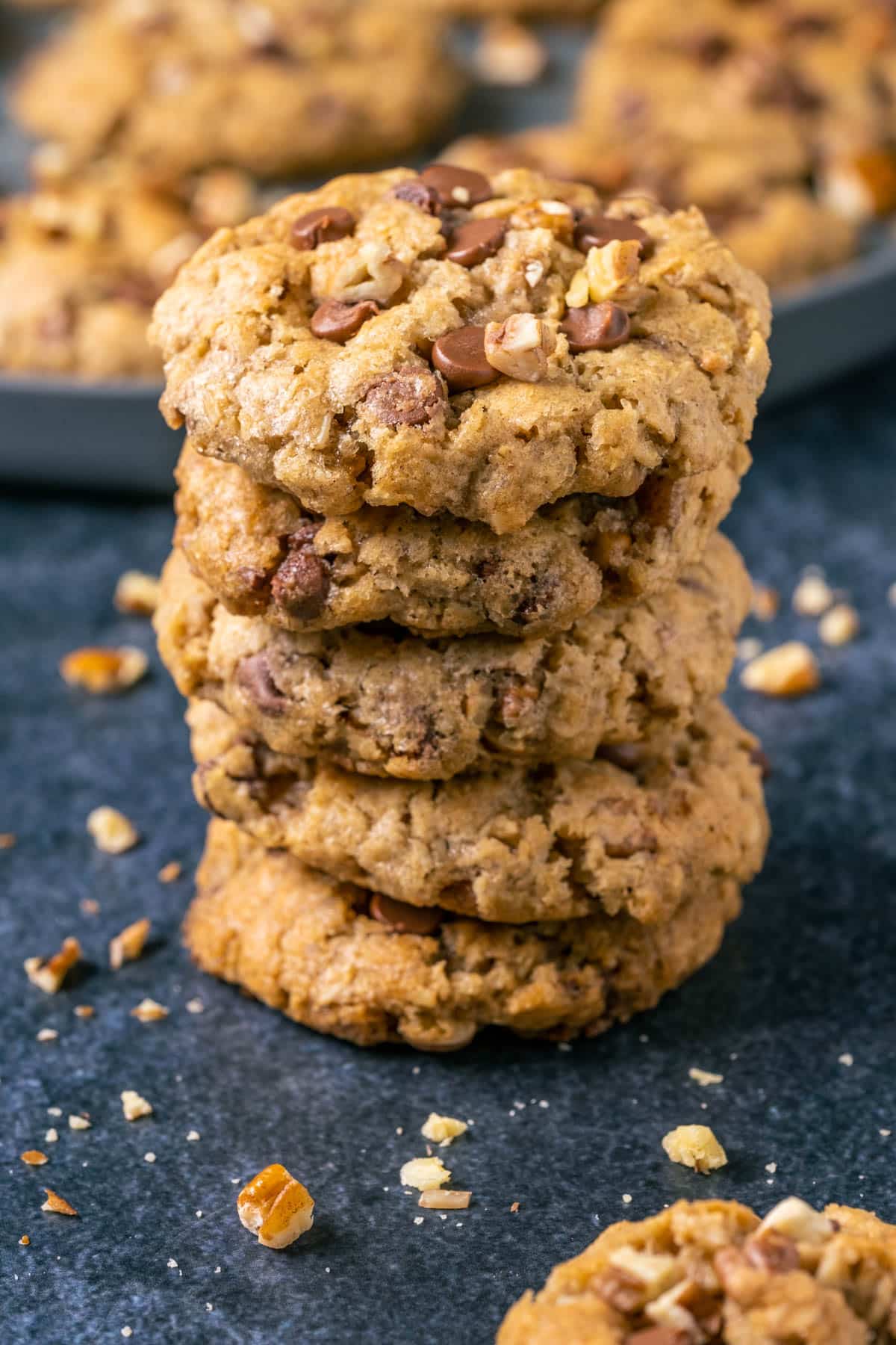 Stack of vegan cowboy cookies.