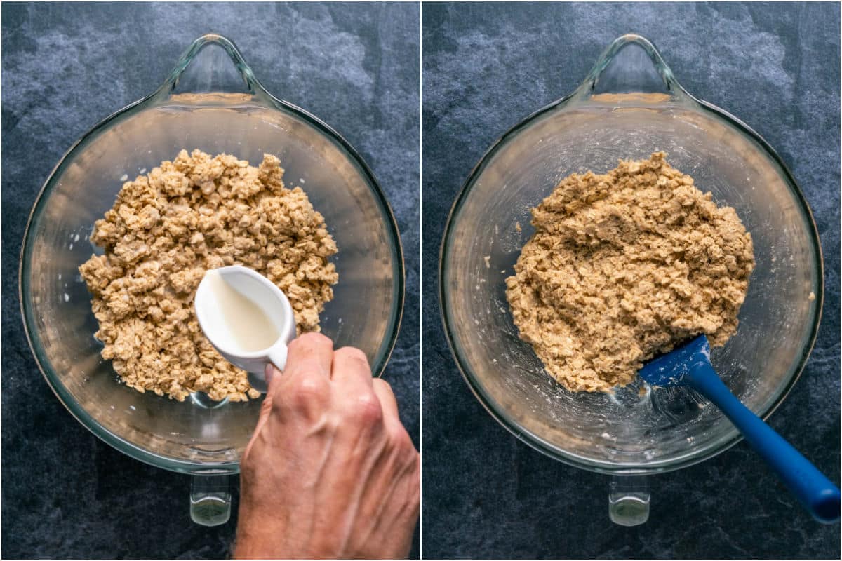 Soy milk added to bowl and mixed in.