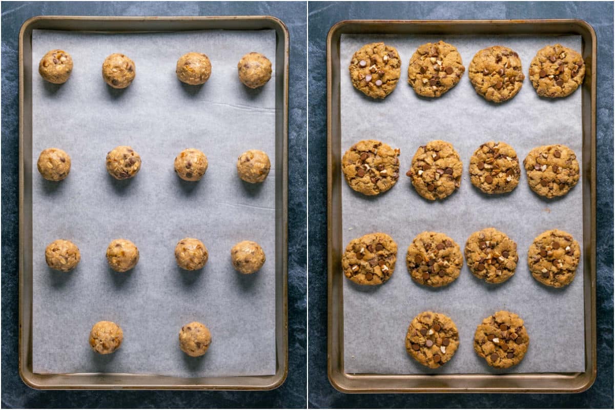 Cookie dough rolled into balls on a parchment lined tray and then baked.