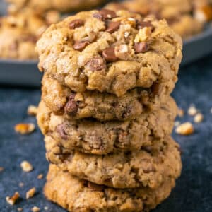 Vegan cowboy cookies in a stack.