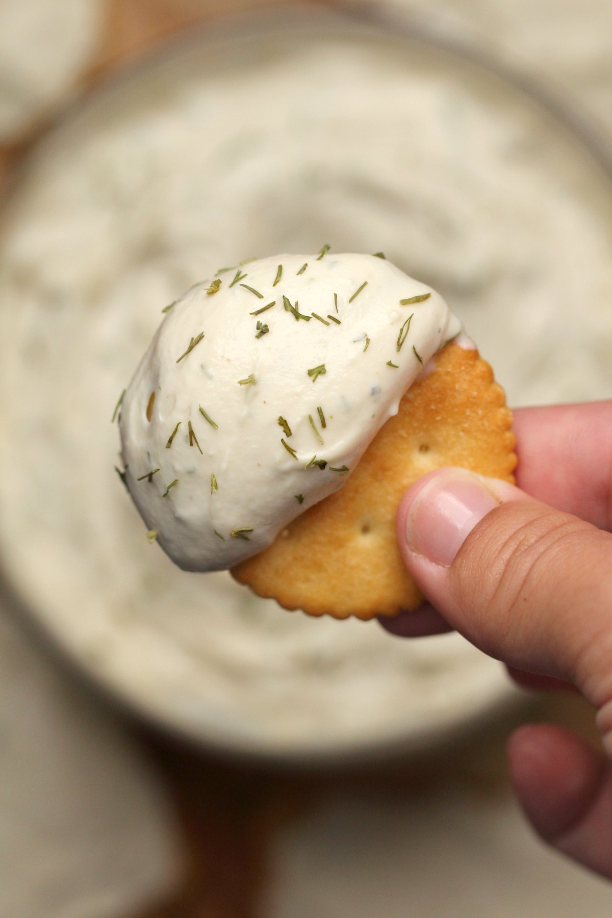 A cracker with vegan cream cheese. 