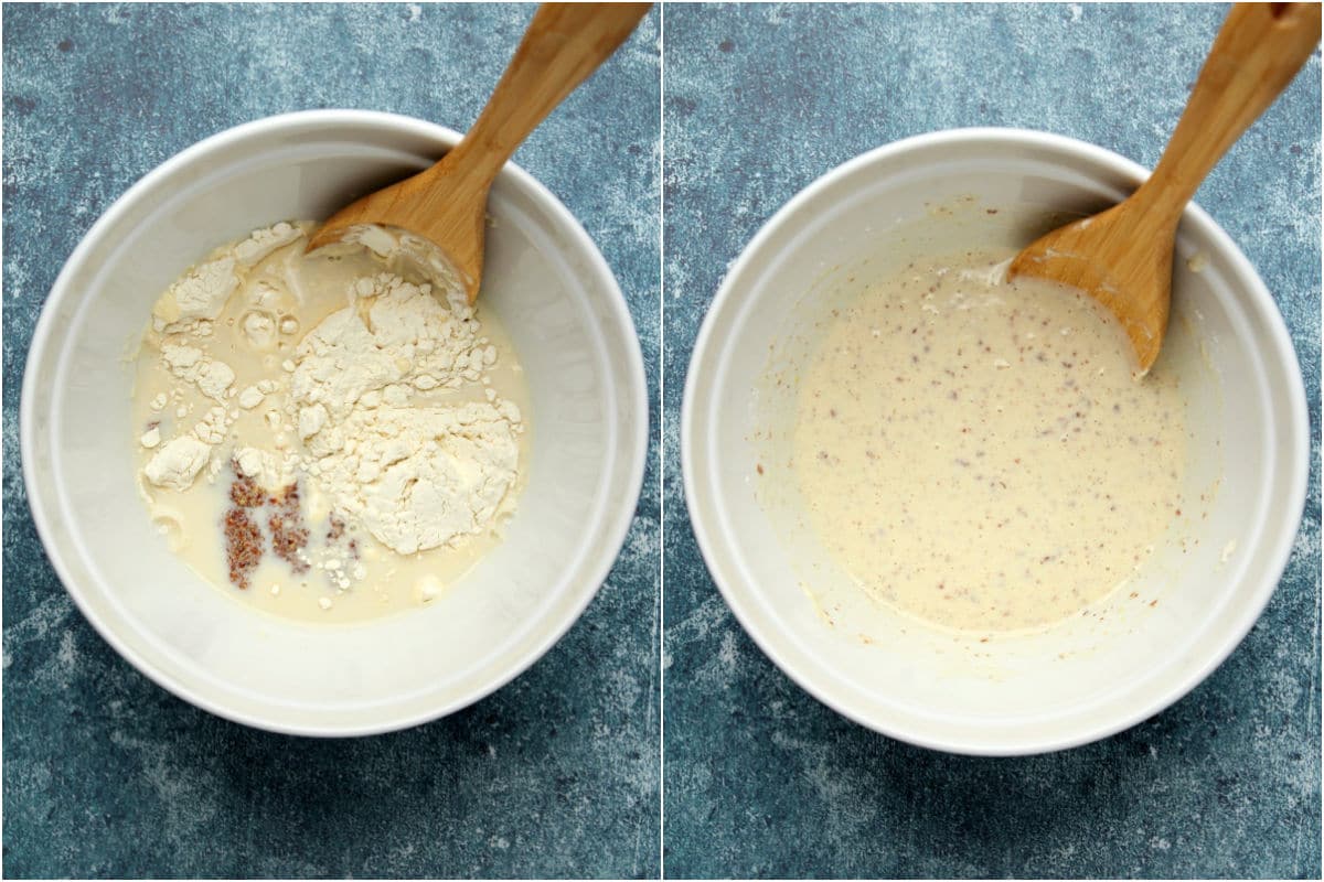 Mixing the batter for vegan crepes. 