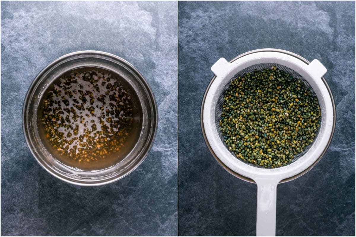 Soaking urad dal and then draining and rinsing.