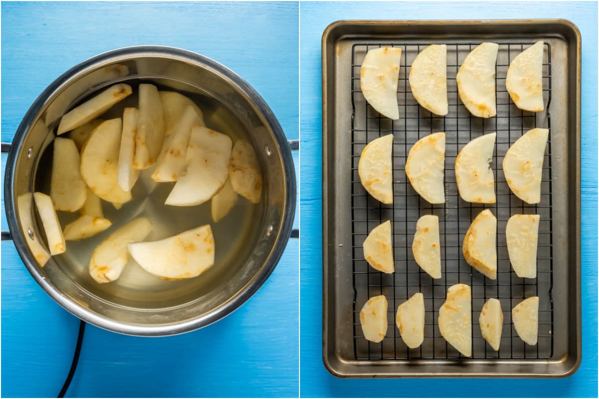 Celeriac pieces boiling in a pot of water and then placed onto a wire rack.