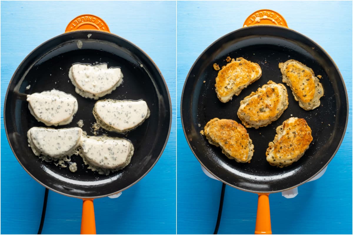 Celeriac pieces added to frying pan and then flipped.