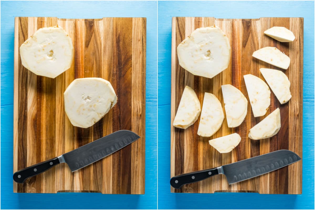 Celeriac sliced into pieces.