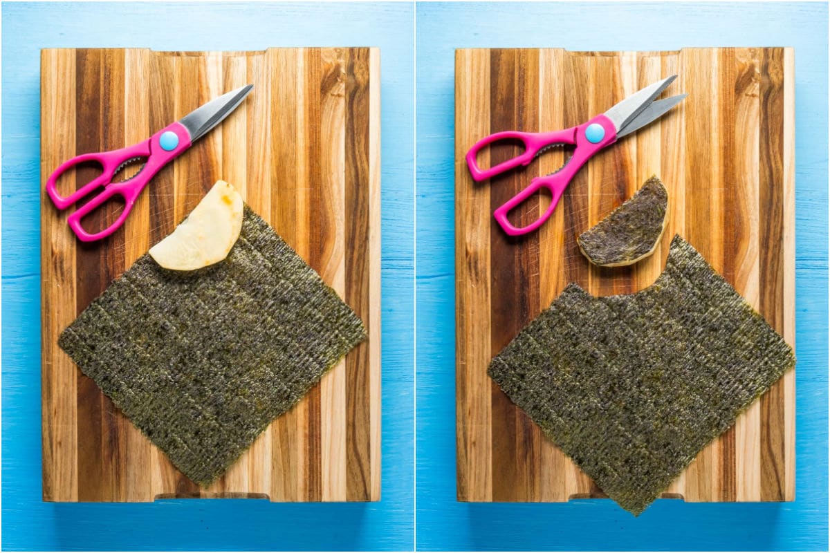 Cutting pieces of seaweed to fit each piece of celeriac.