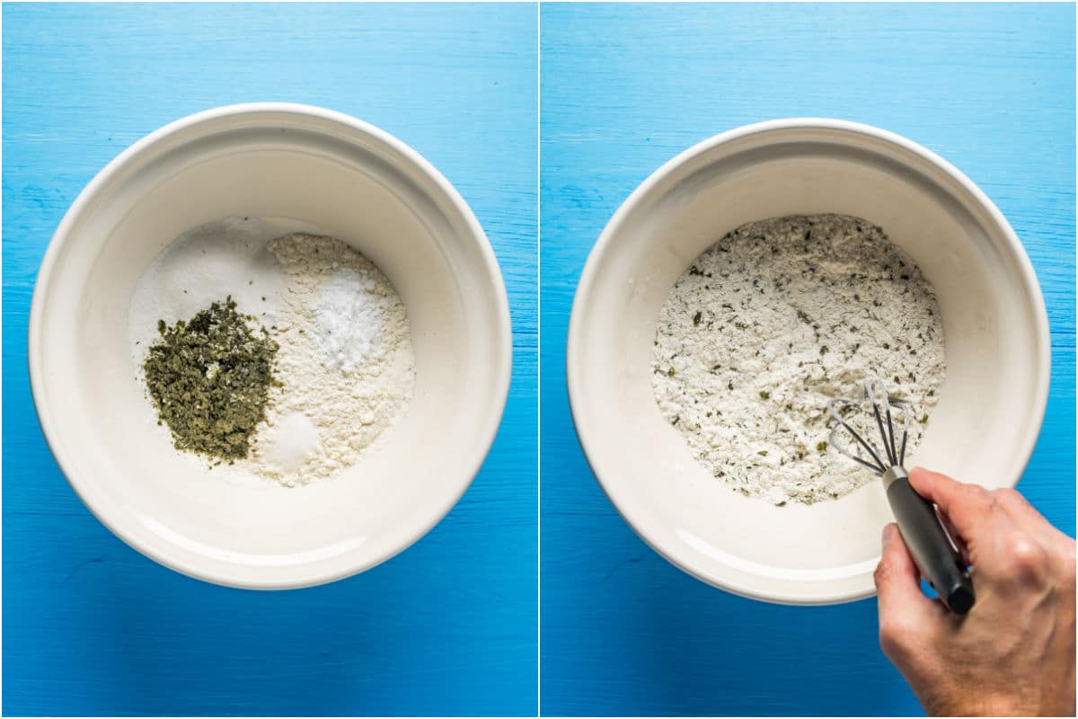 Mixing dry ingredients in a mixing bowl.