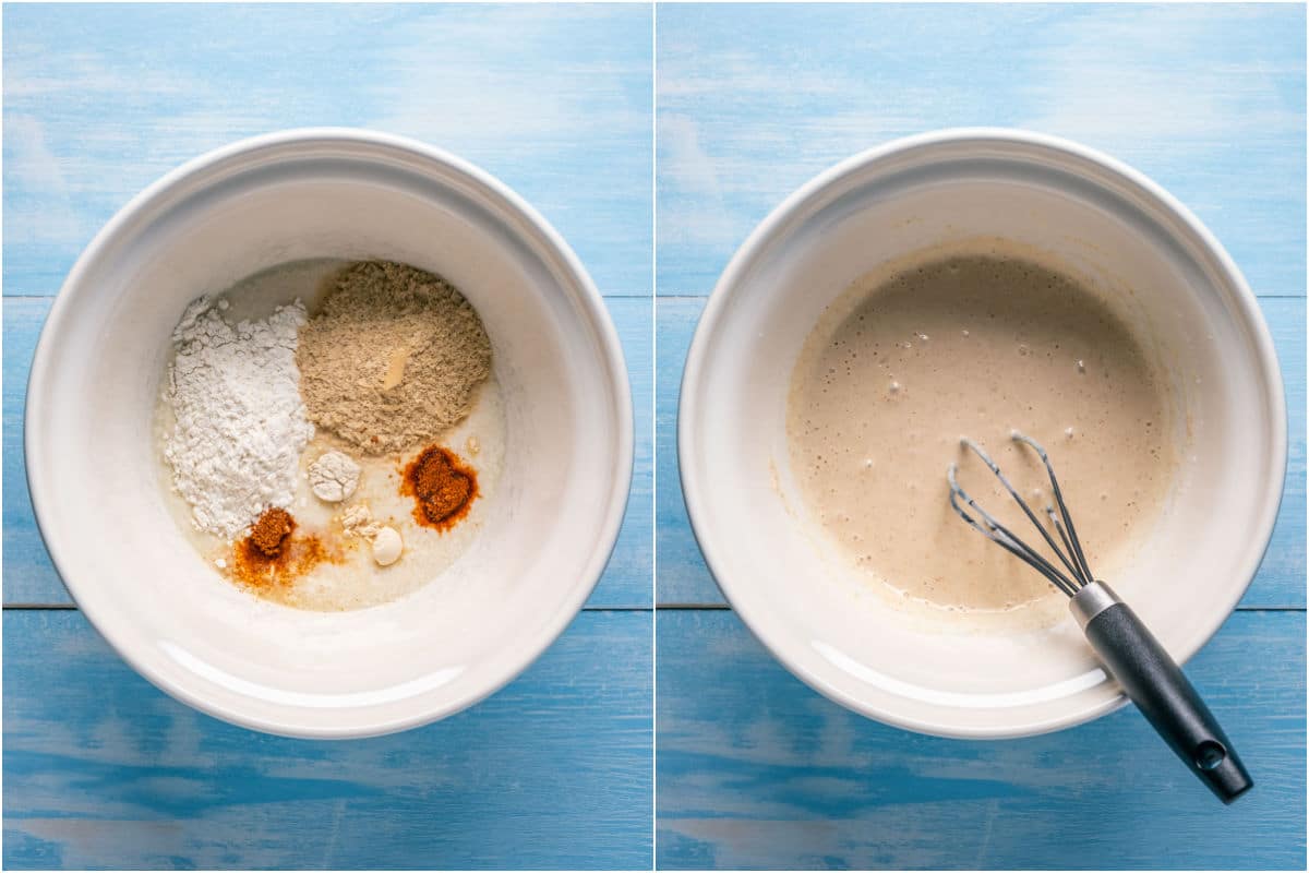 Vegan buttermilk and spices added to mixing bowl and mixed.