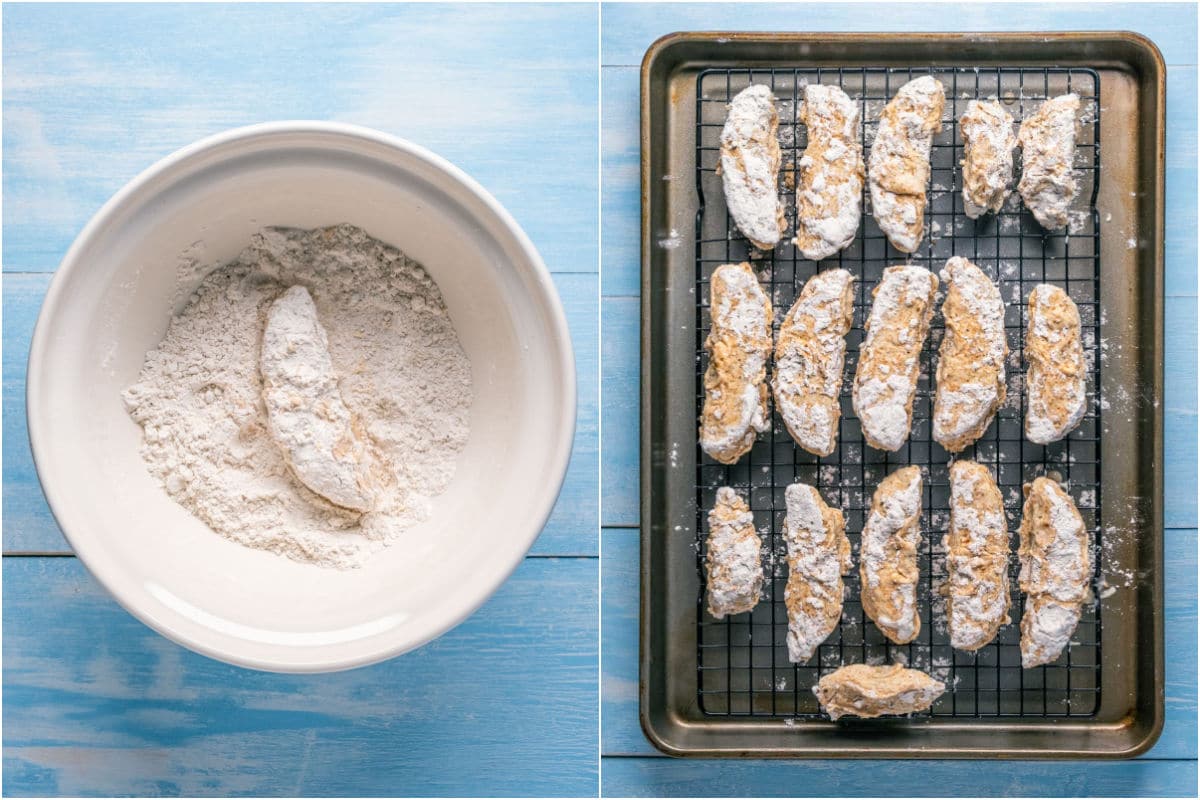 Vegan chicken piece dipped in flour mix and then placed onto wire rack.