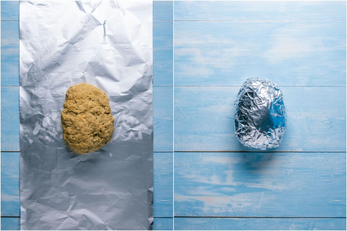 Two photo collage showing seitan loaf and then wrapped in foil.