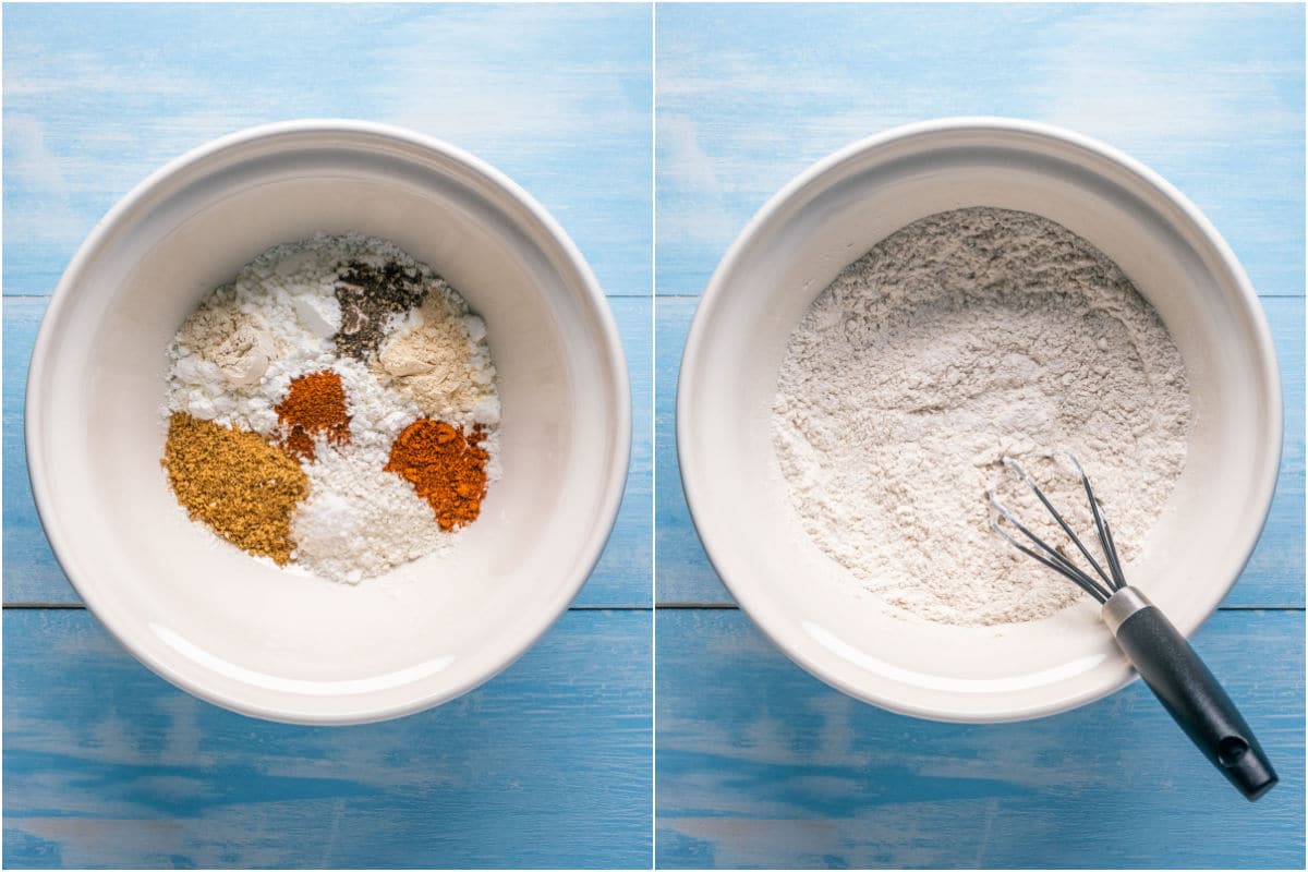 Dry ingredients added to mixing bowl and mixed.