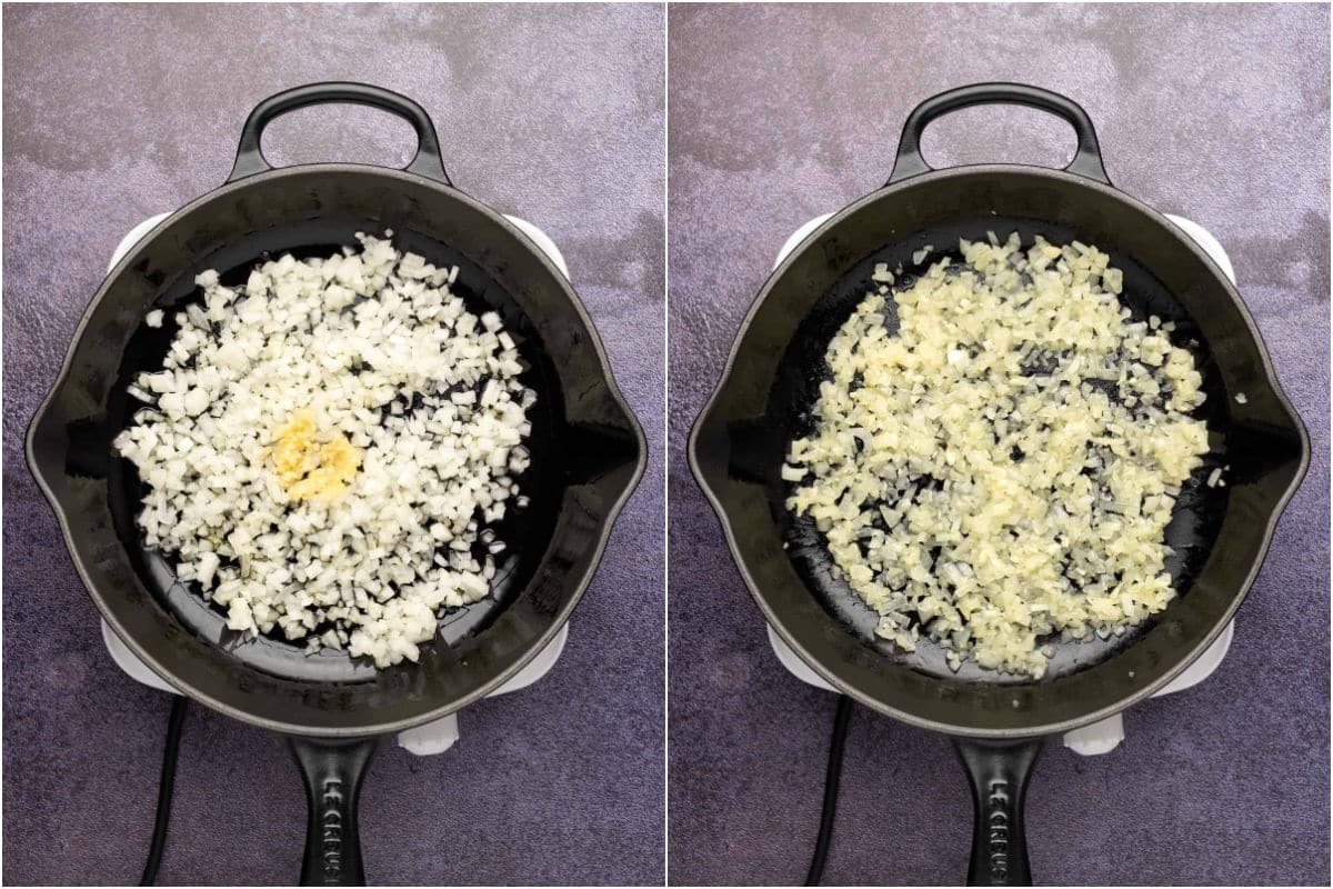 Chopped onions, garlic and olive oil added to skillet and sautéed.