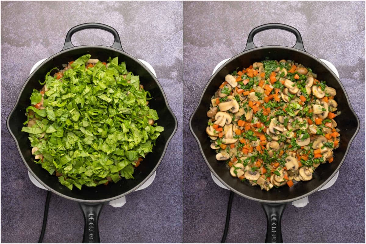 Chopped baby spinach added to skillet and sautéed.