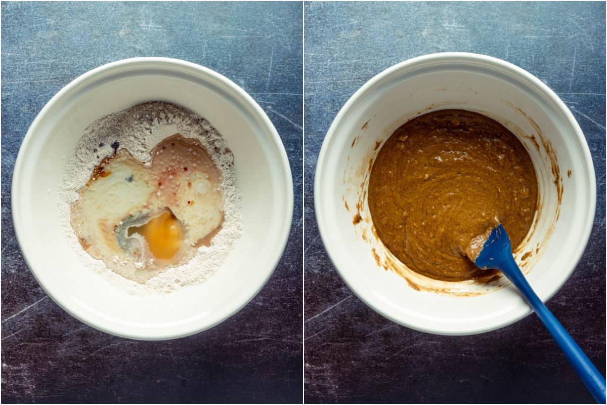 Wet ingredients added to mixing bowl and mixed into a batter.