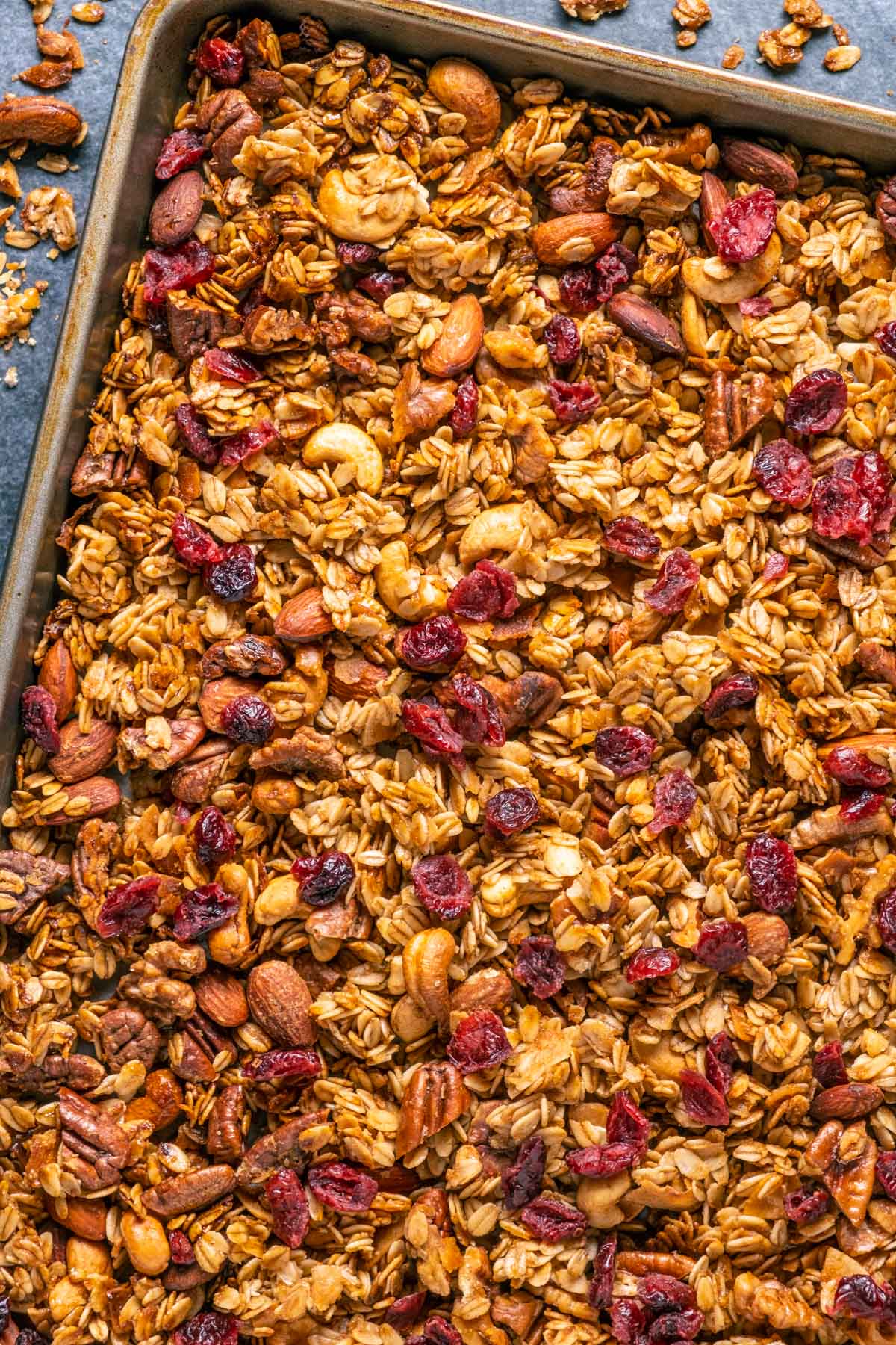 Vegan granola on a baking sheet.