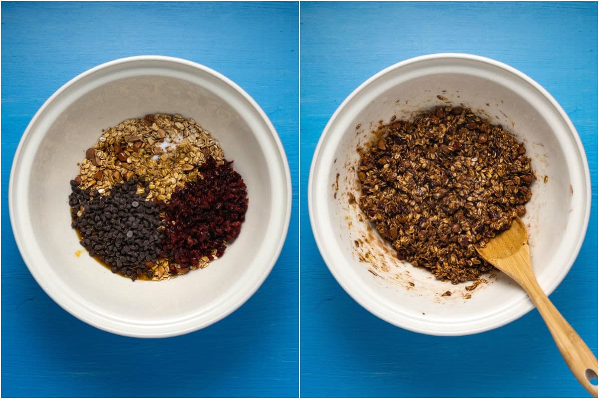 Vegan chocolate chips, dried cranberries, vanilla and salt added to mixing bowl and mixed together.