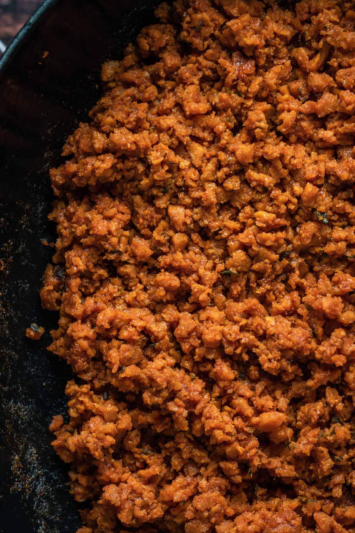 Vegan ground beef in a skillet.