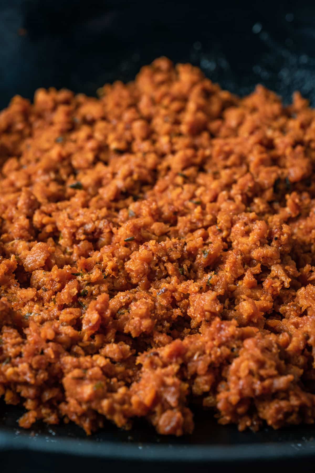 Vegan ground beef in a skillet. 