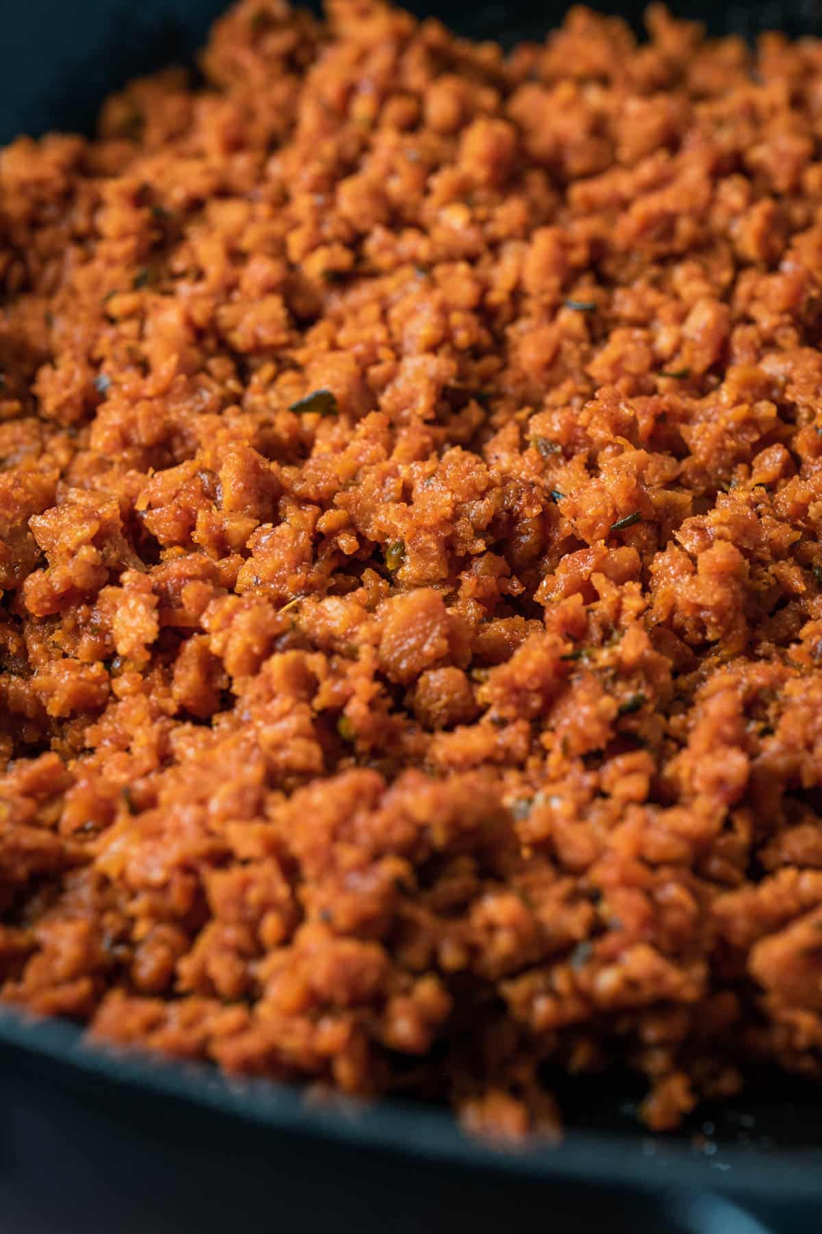 Vegan ground beef in a skillet.