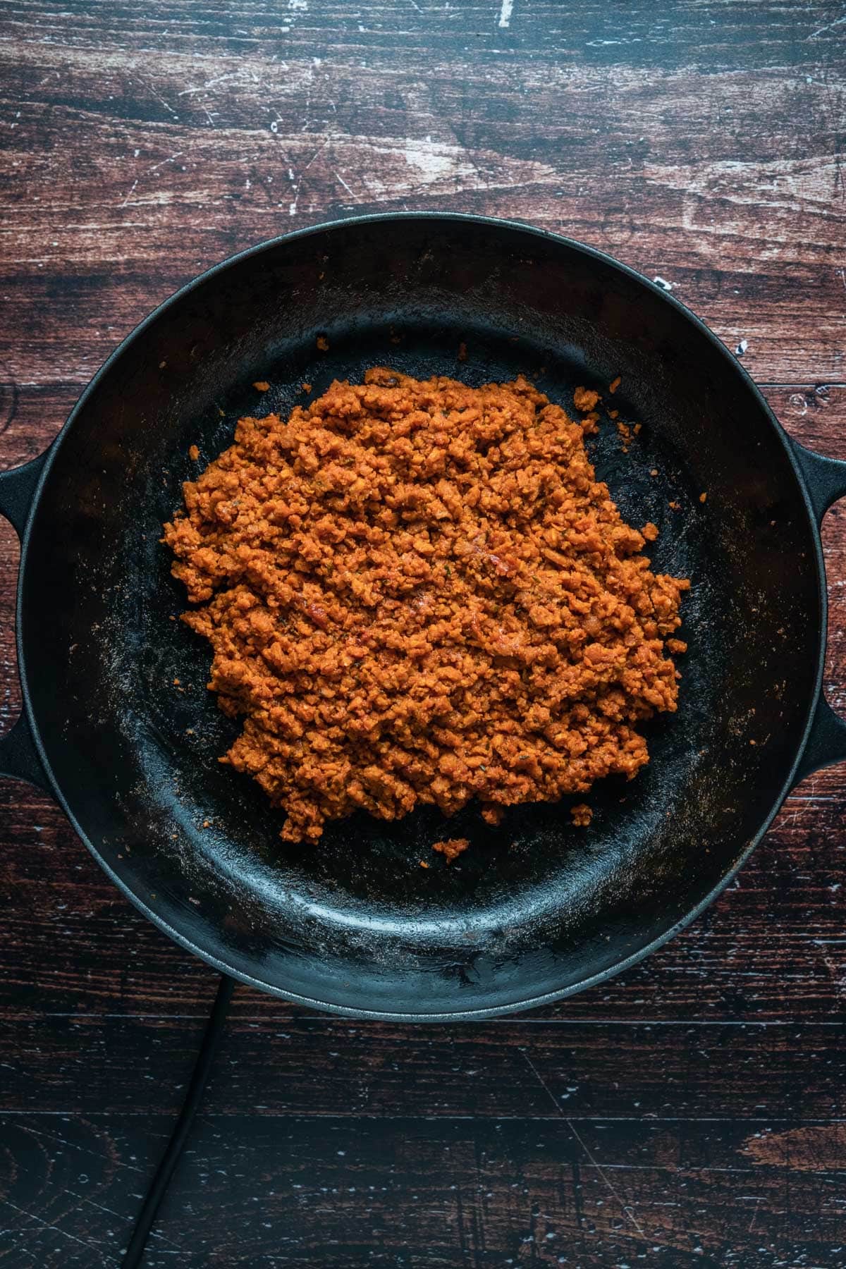 Vegan ground beef in a skillet.