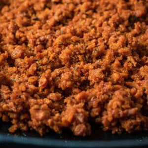 Vegan ground beef in a skillet.