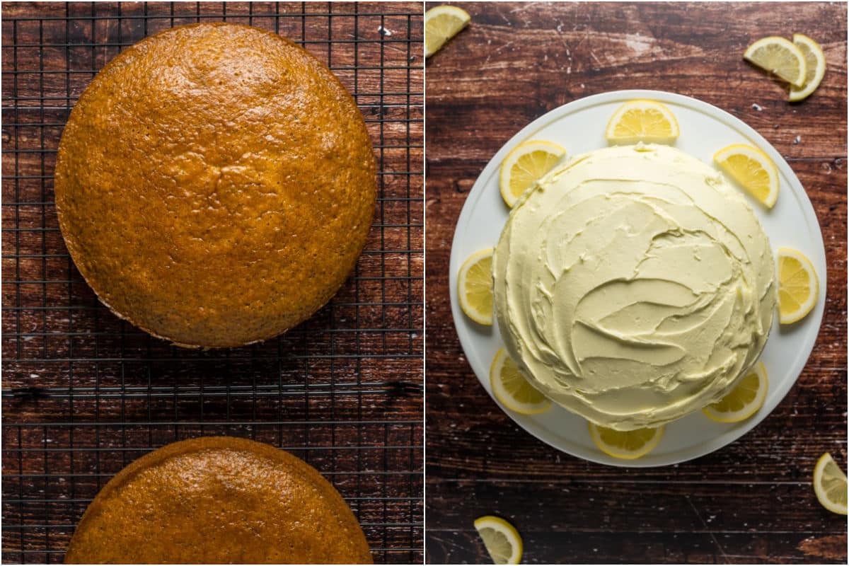 Lemon poppy seed cake layers cooling on a wire cooling rack and then the frosted cake on a white cake stand.