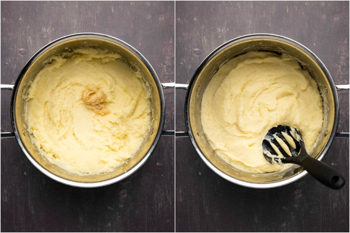 Two photo collage showing roasted garlic added to potatoes and mashed in.