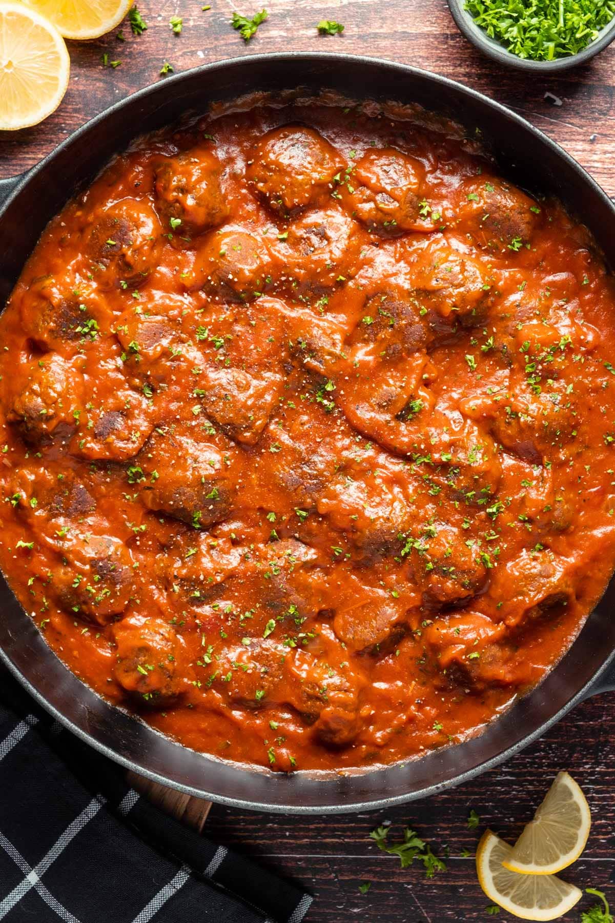 Vegan meatballs in marinara sauce.