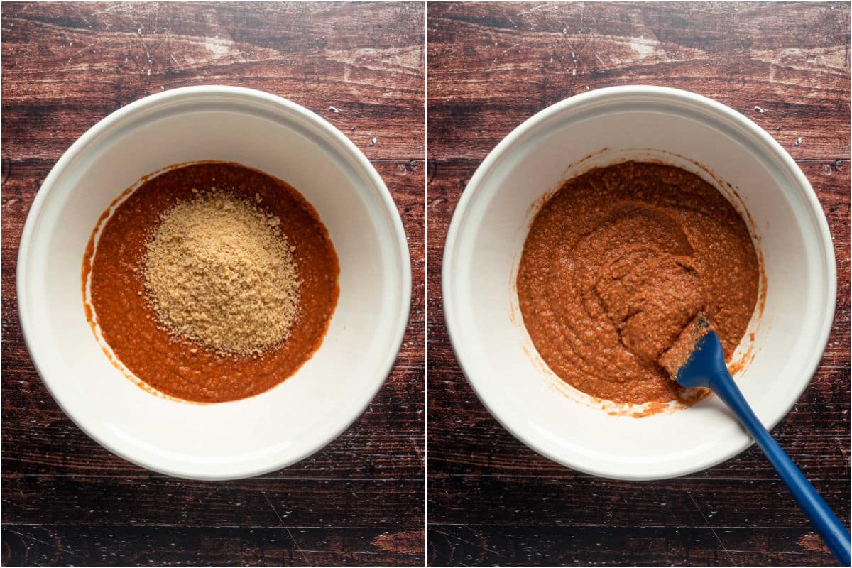 Wet ingredients in mixing bowl with crushed walnuts and mixed together.