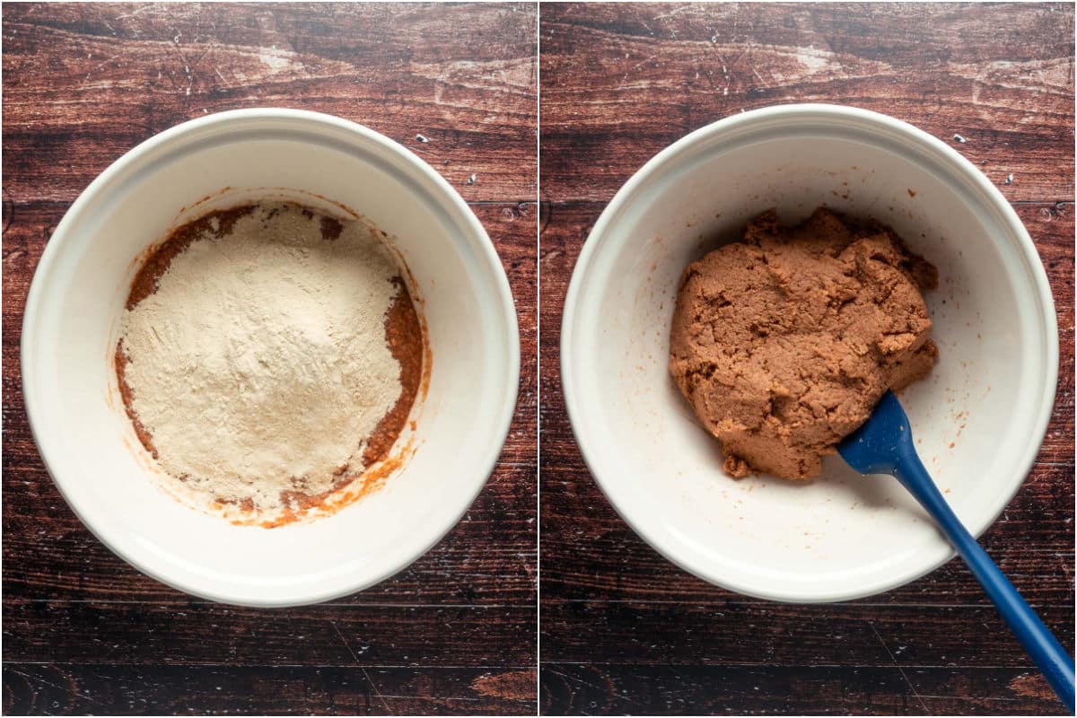 Vital wheat gluten added to mixing bowl and mixed into a thick dough.