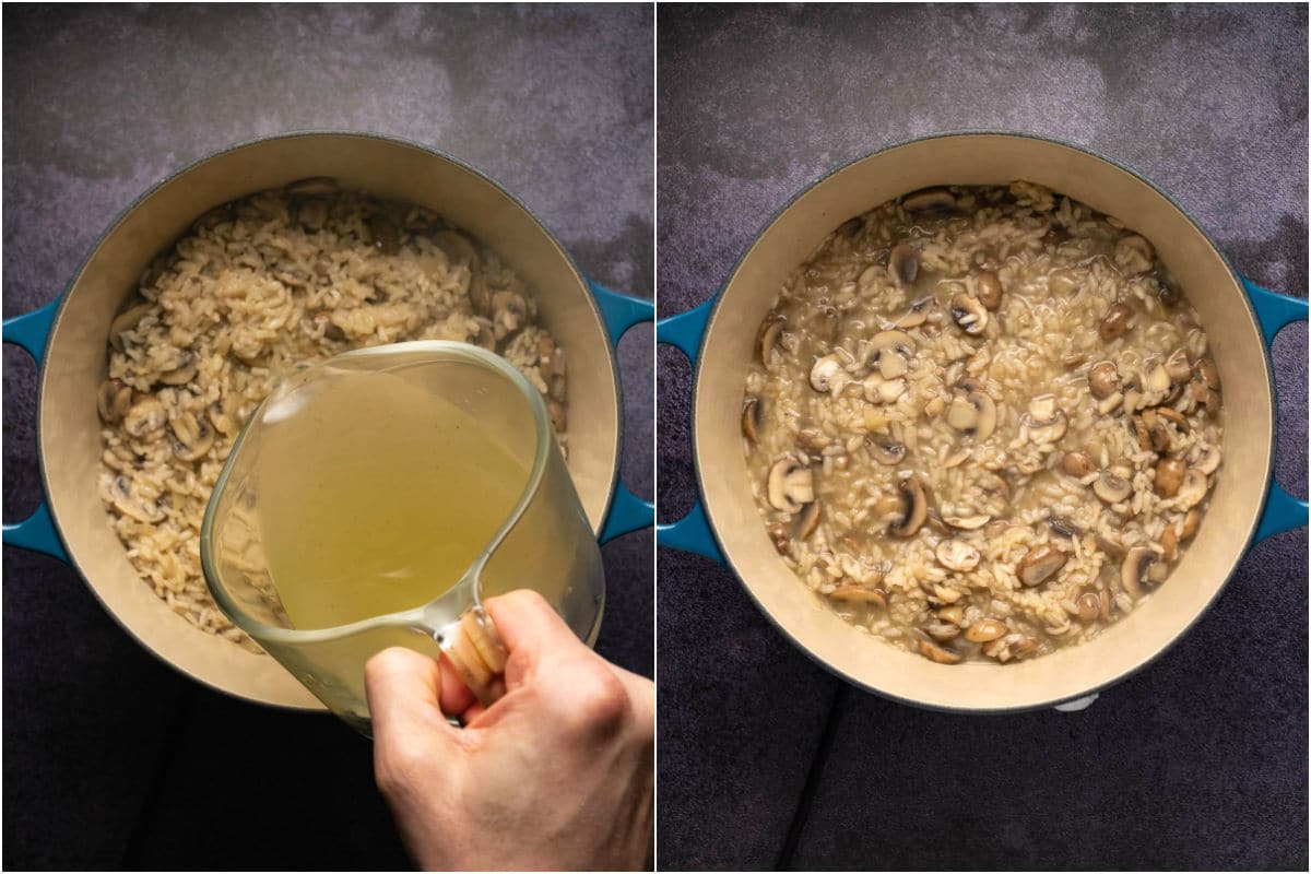 Two photo collage showing second vegetable stock added to pot and mixed in.