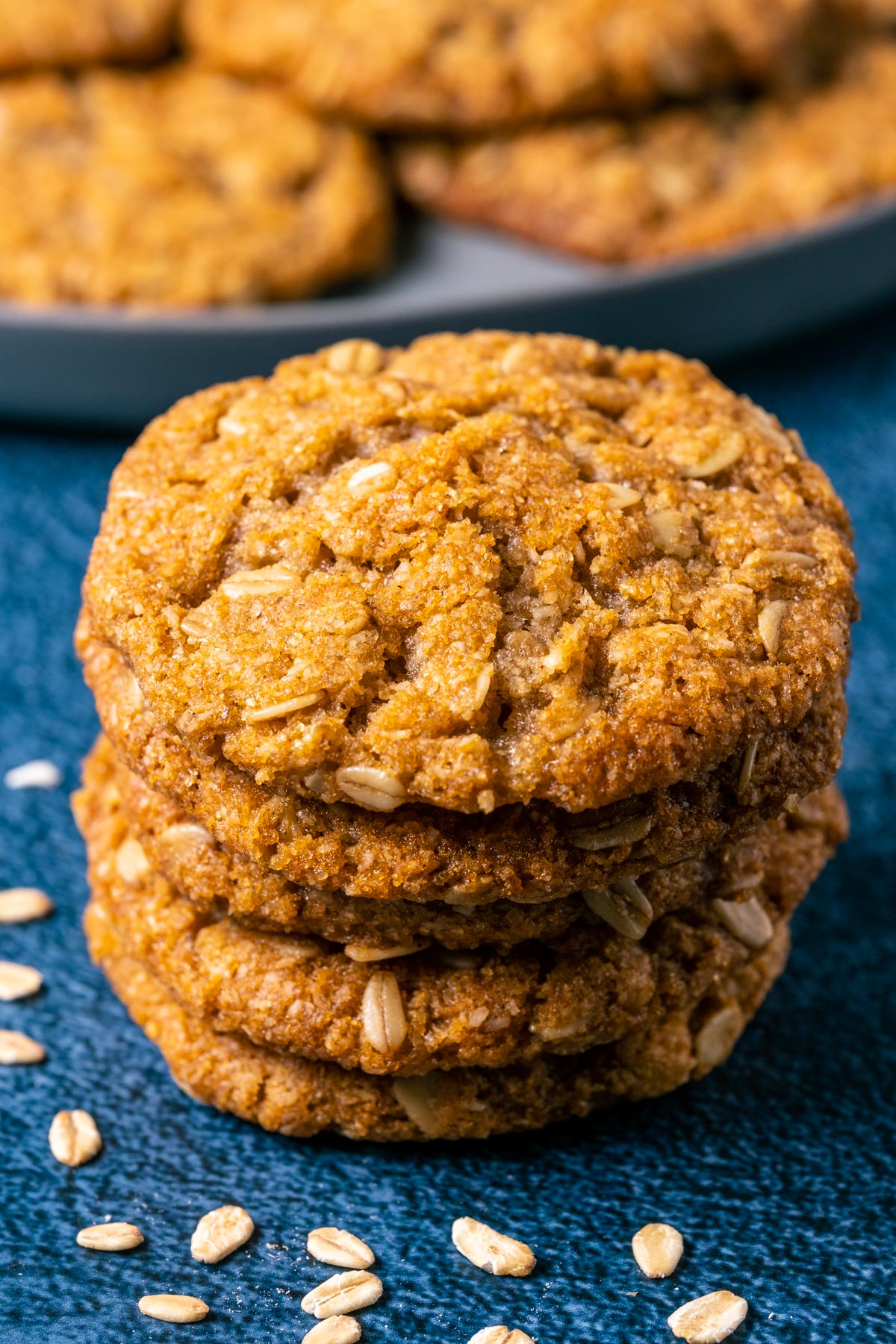 Stack of vegan oatmeal cookies.