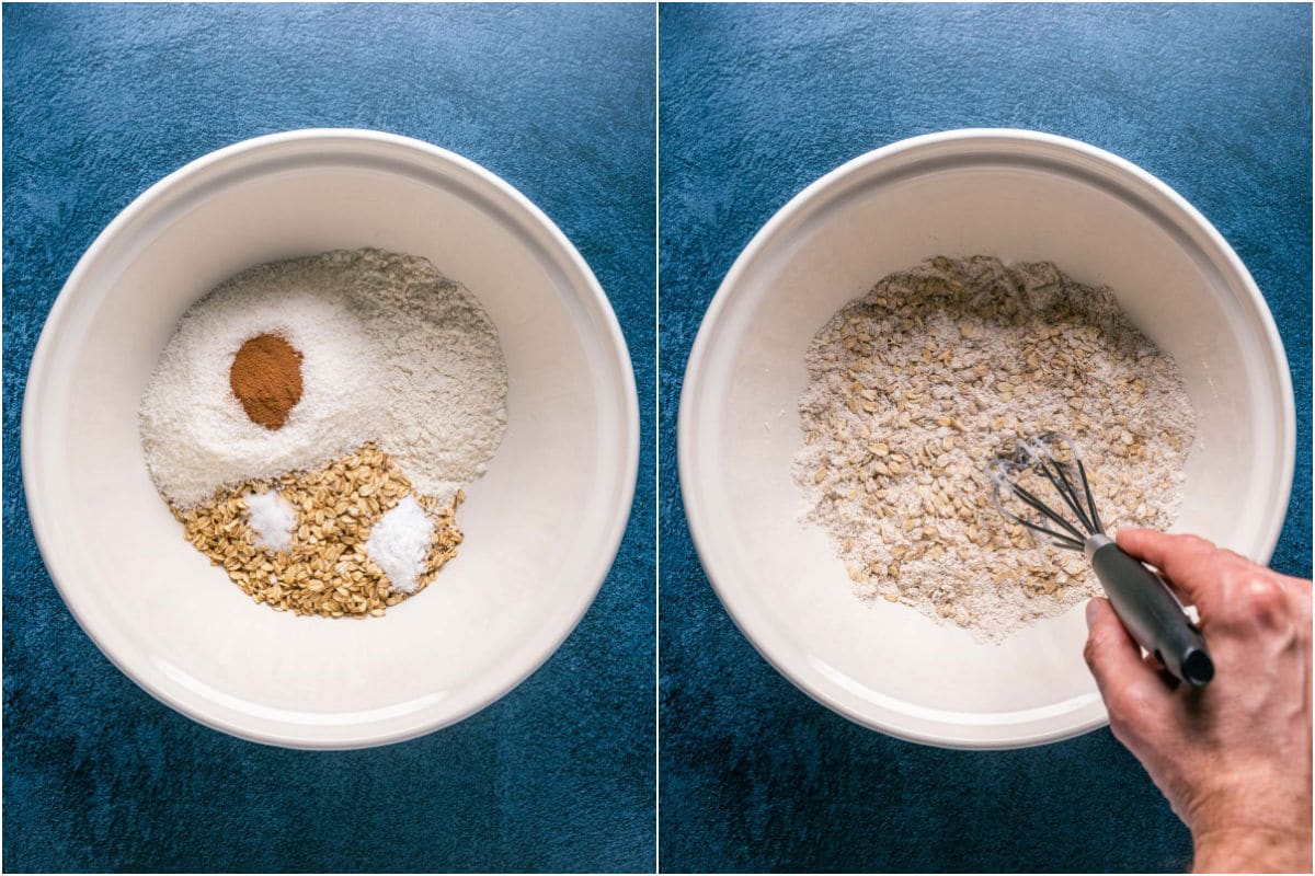 Two photo collage showing dry ingredients added to mixing bowl and mixed together.