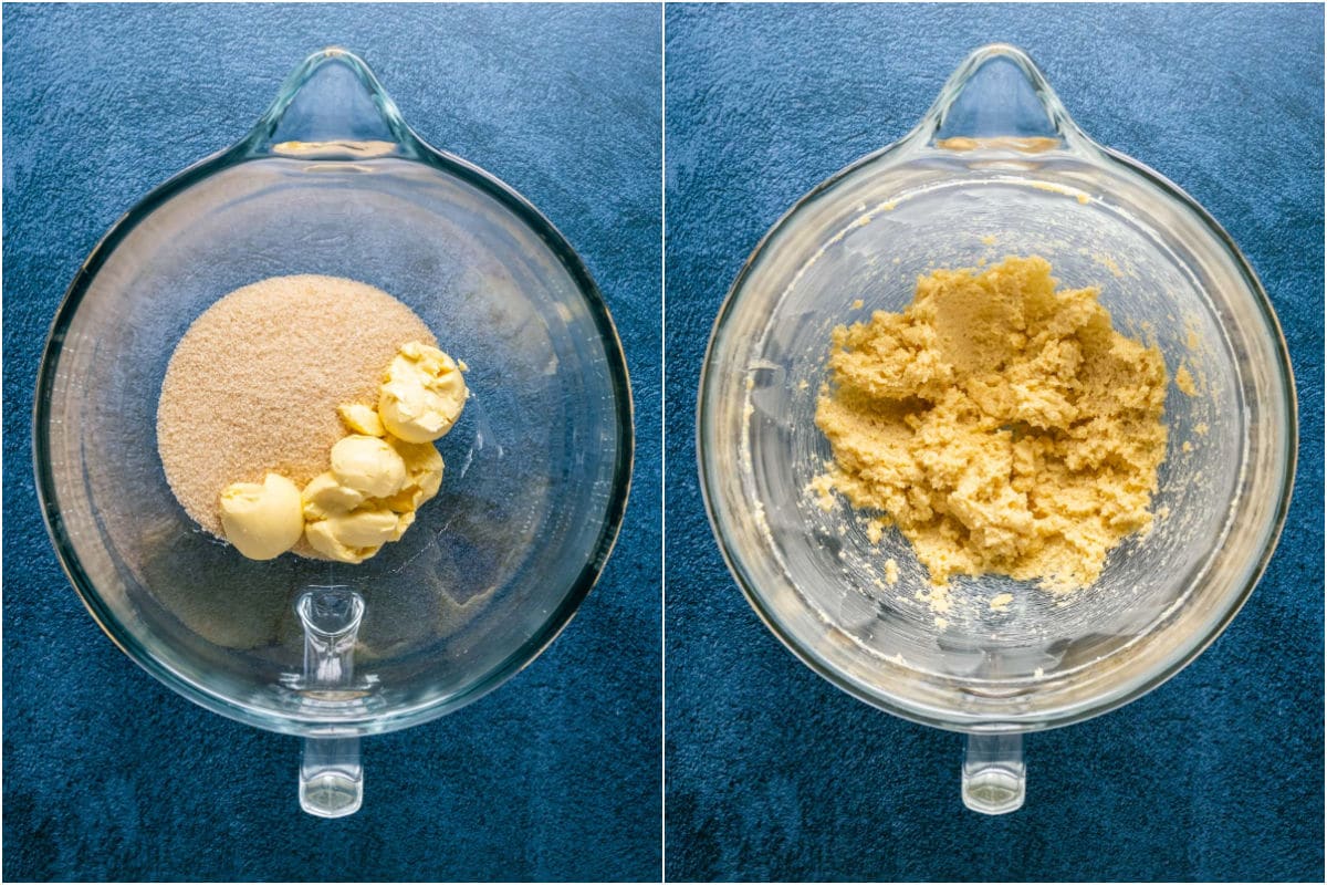 Two photo collage showing vegan butter and brown sugar added to stand mixer and creamed together.