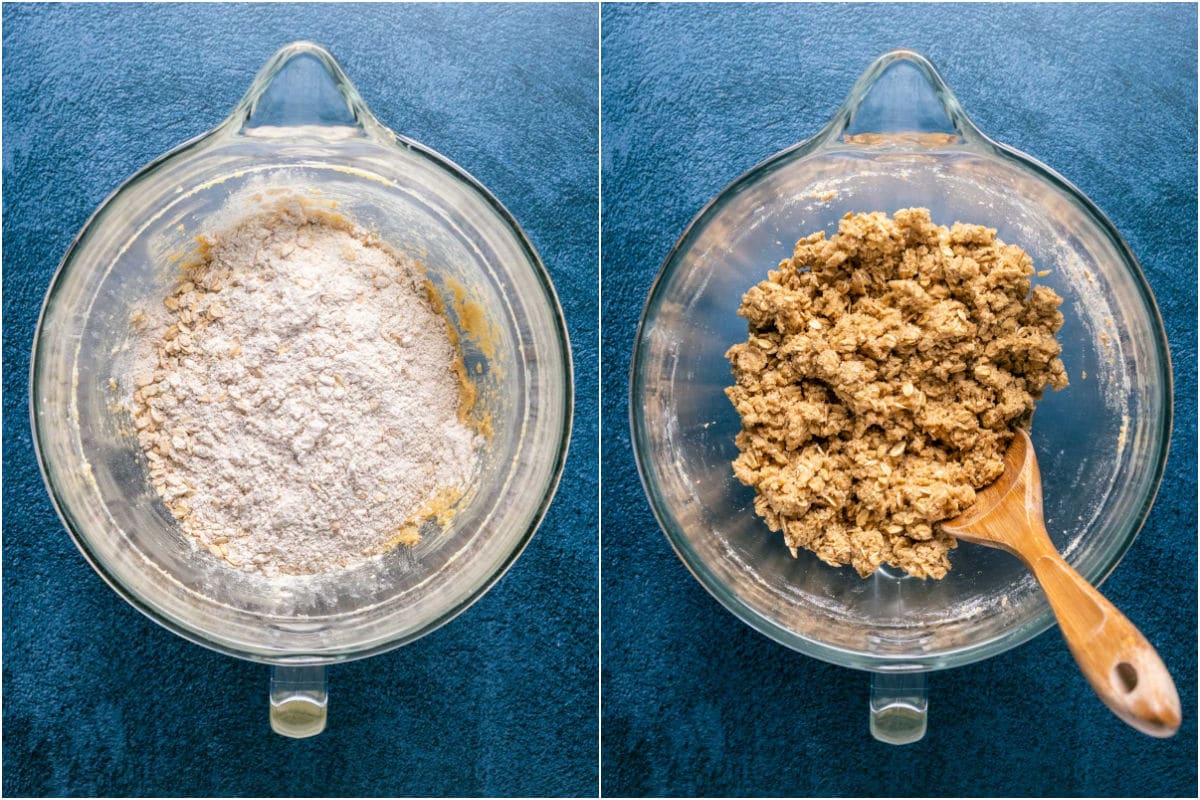 Two photo collage showing dry ingredients added to wet and mixed into a cookie dough.