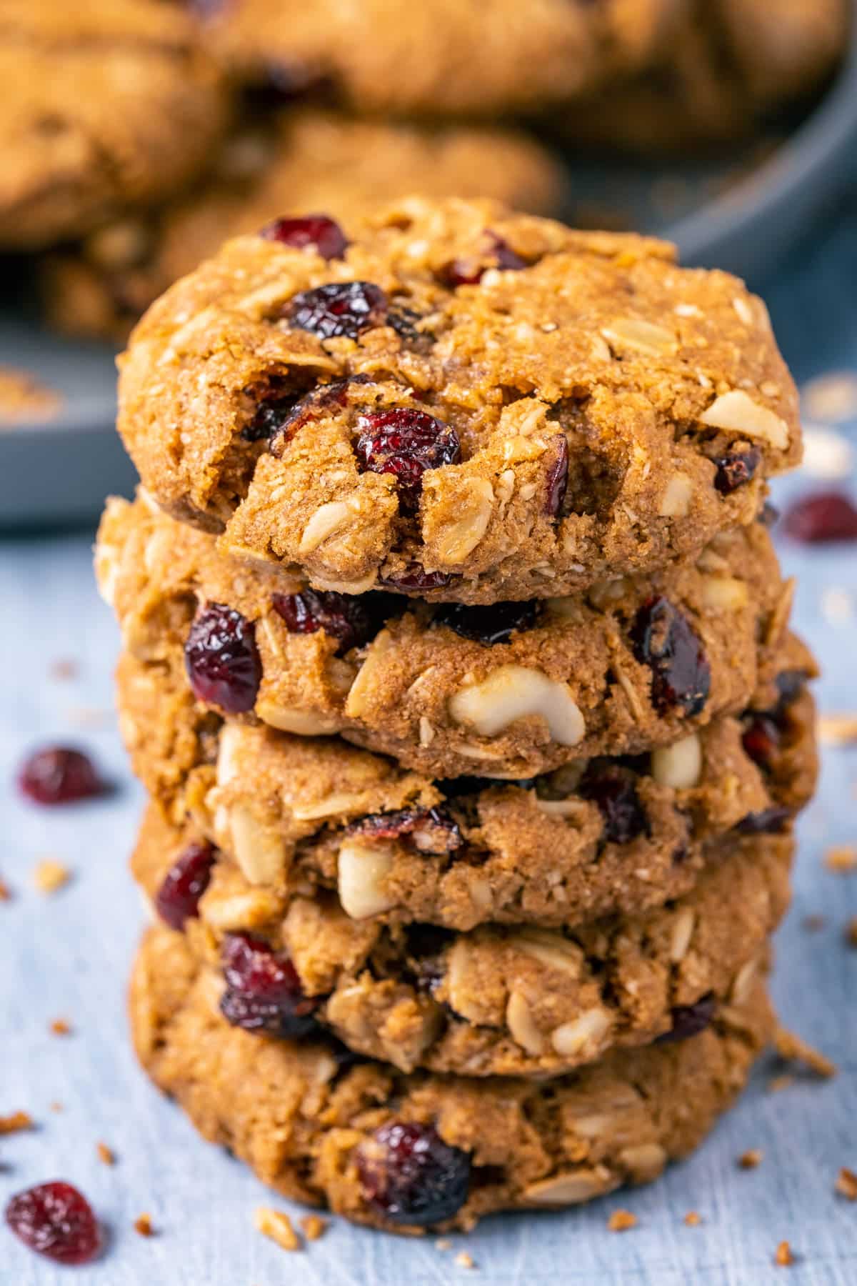 Vegan oatmeal cranberry cookies in a stack.