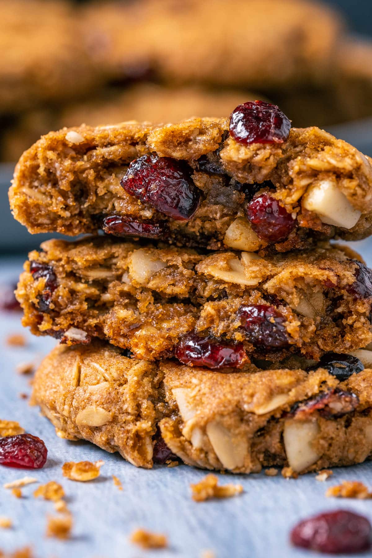 Oatmeal cranberry cookie broken in half.