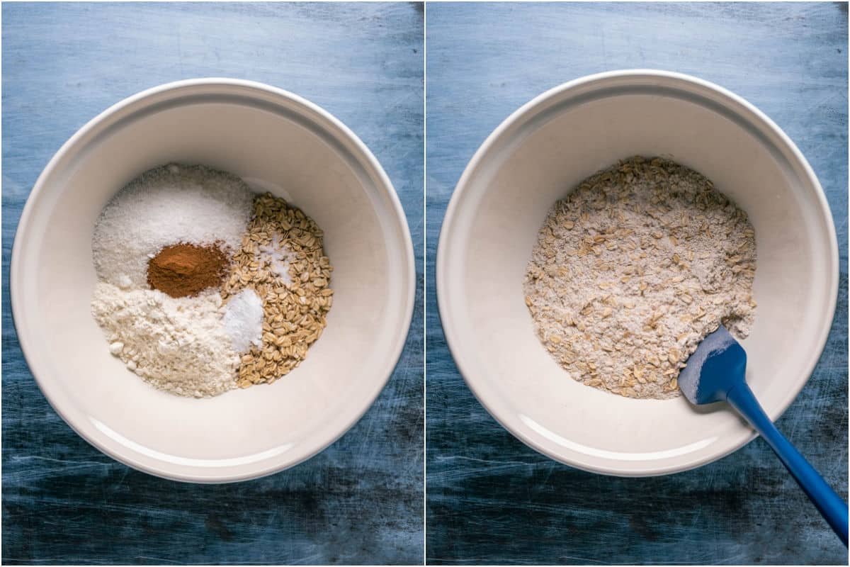 Dry ingredients added to mixing bowl and mixed.