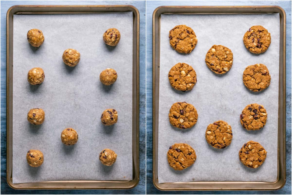 Cookie dough rolled into balls on a parchment lined tray and baked.