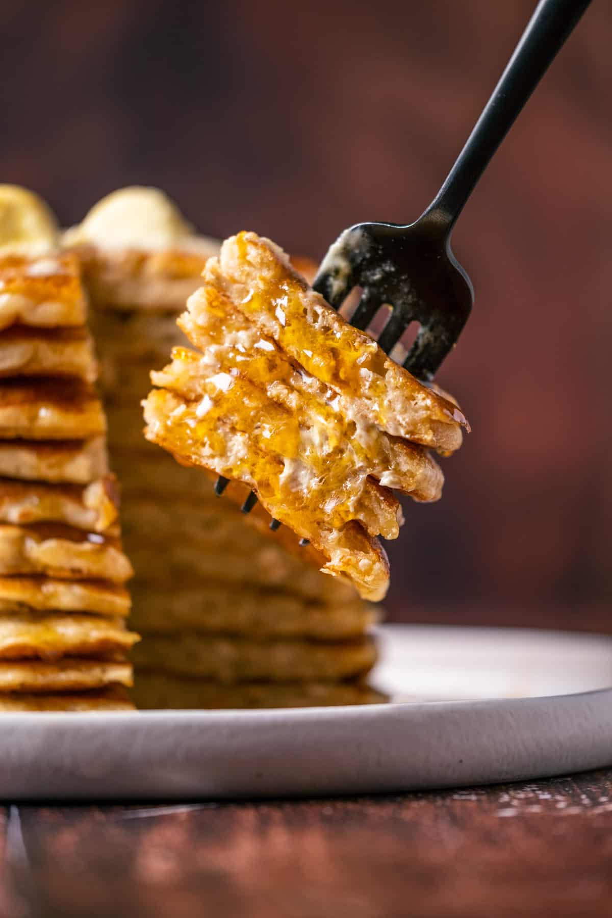 Forkful of vegan oatmeal pancakes.