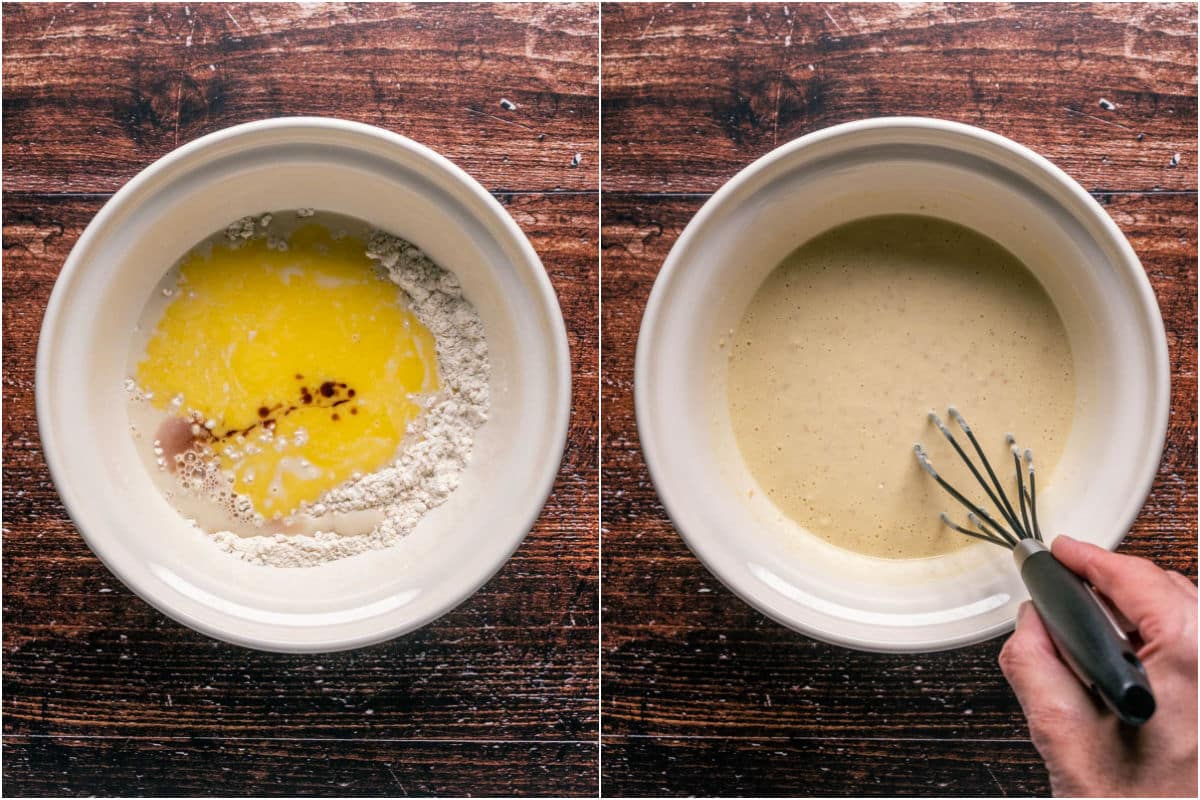 Wet ingredients added to mixing bowl and mixed into a pancake batter.