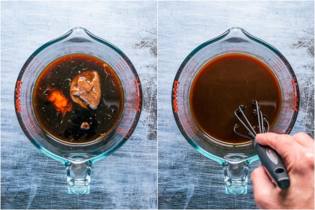 Sauce ingredients added to measuring jug and whisked together.