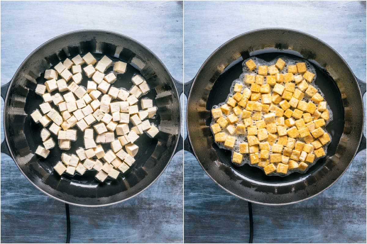 Sesame oil and tofu added to skillet and fried.