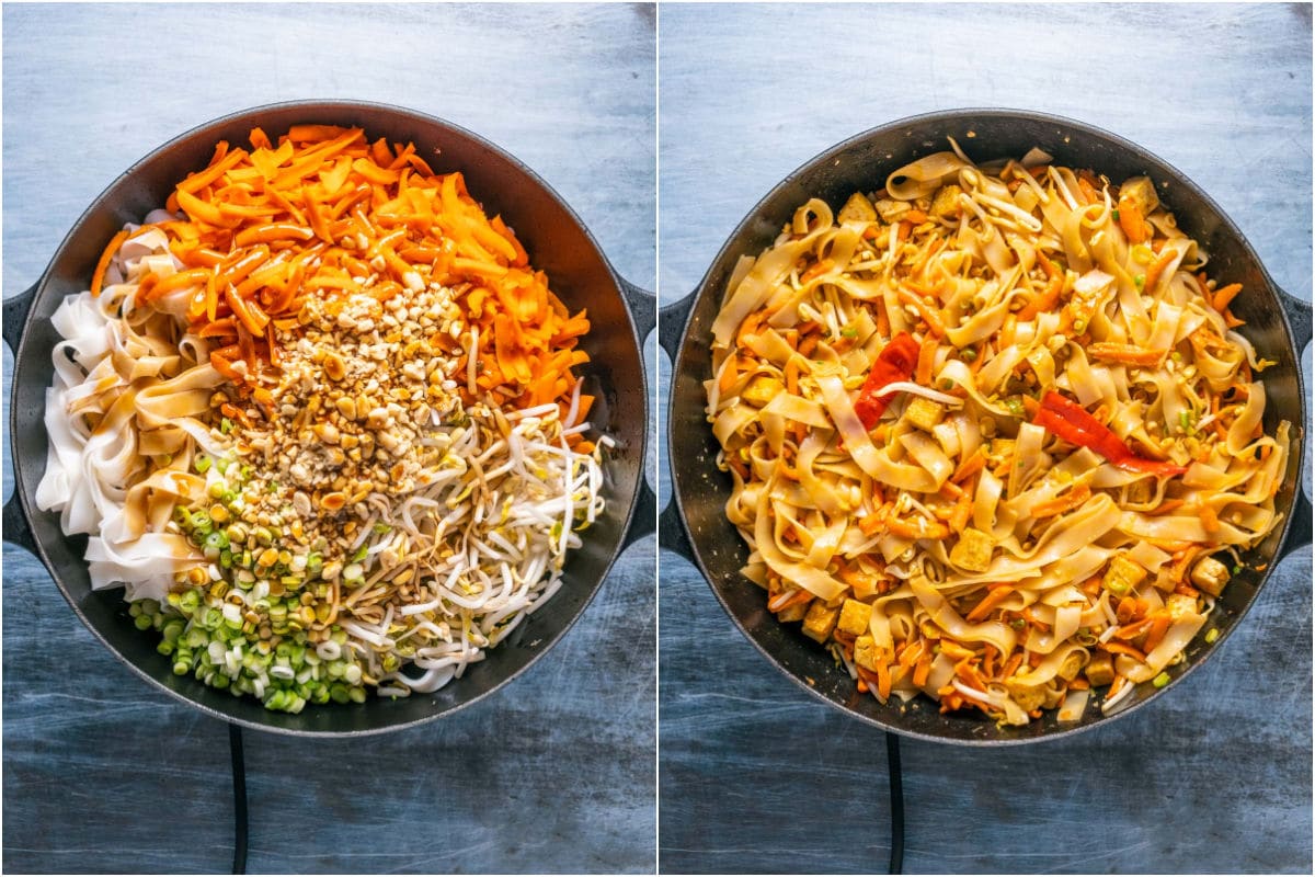 Noodles, carrots, green onions, bean sprouts, peanuts and sauce added to skillet and sautéed.