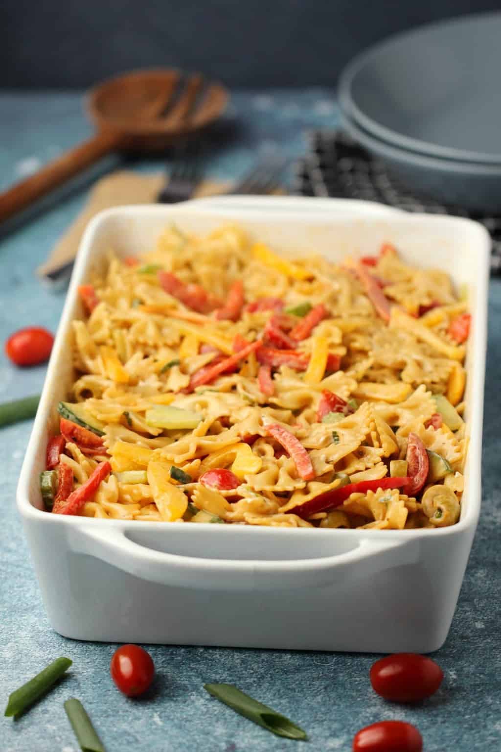 Vegan pasta salad in a rectangular white dish. 