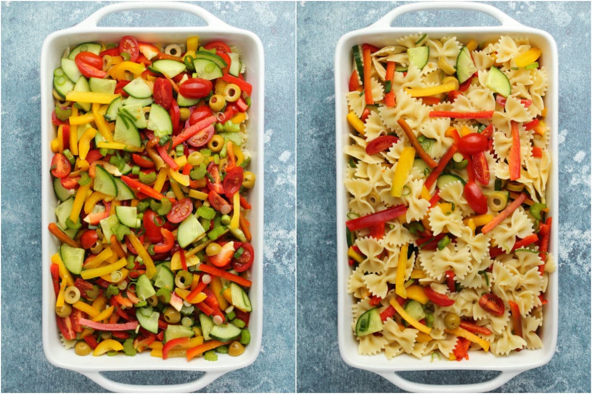 Chopped veggies added to dish and tossed up with the pasta.