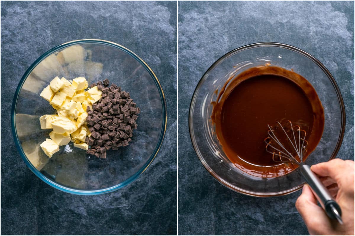 Vegan butter and chocolate chips added to microwave safe bowl and melted together.